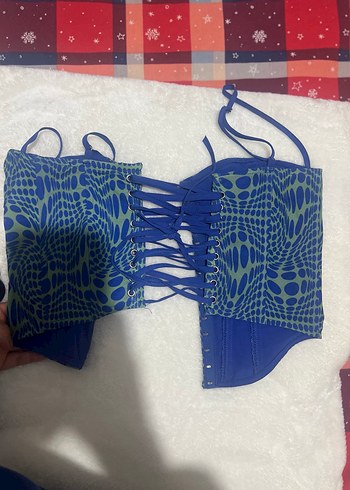 Zincir Detaylı Mavi Tie-Dye Straplez Bustiyer - Görsel 2