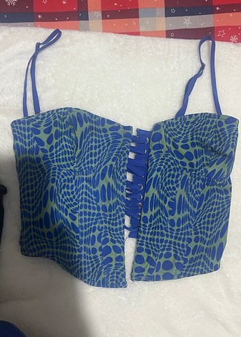 Zincir Detaylı Mavi Tie-Dye Straplez Bustiyer - Görsel 3