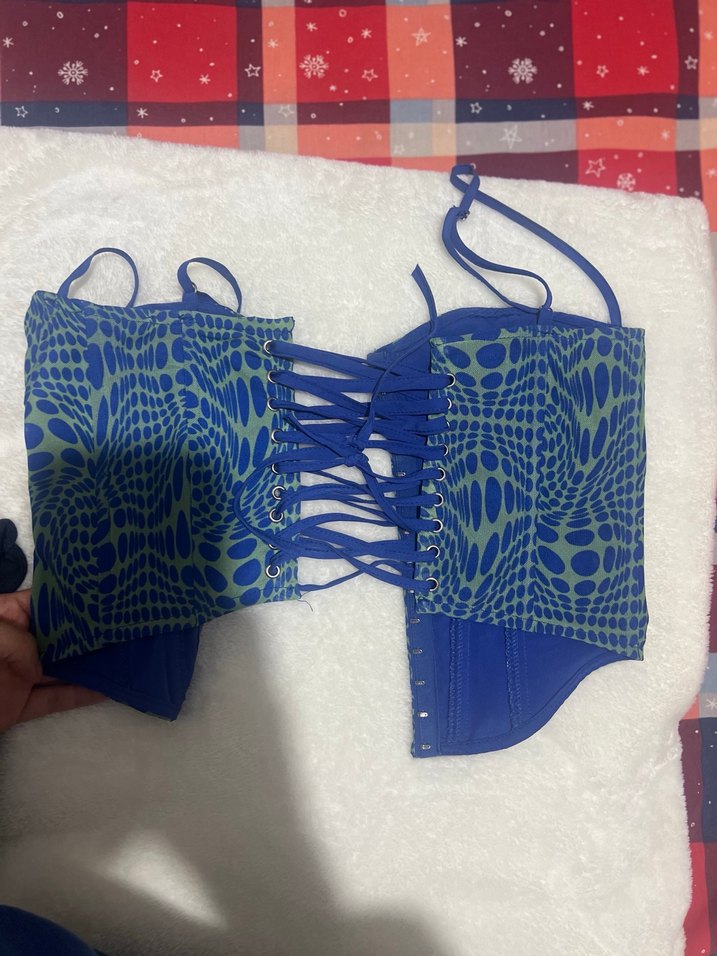 Zincir Detaylı Mavi Tie-Dye Straplez Bustiyer - Görsel 2