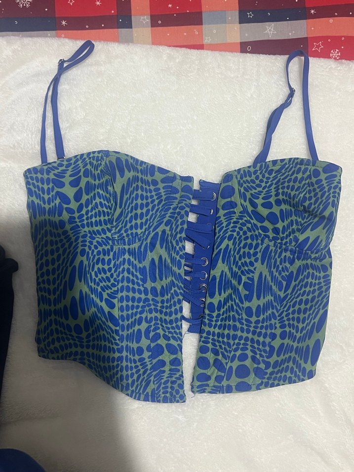 Zincir Detaylı Mavi Tie-Dye Straplez Bustiyer - Görsel 3