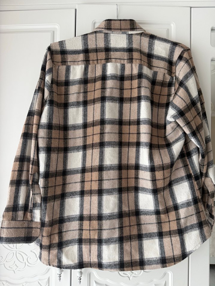 Bej Ekose Pamuklu Gömlek Unisex - Görsel 4