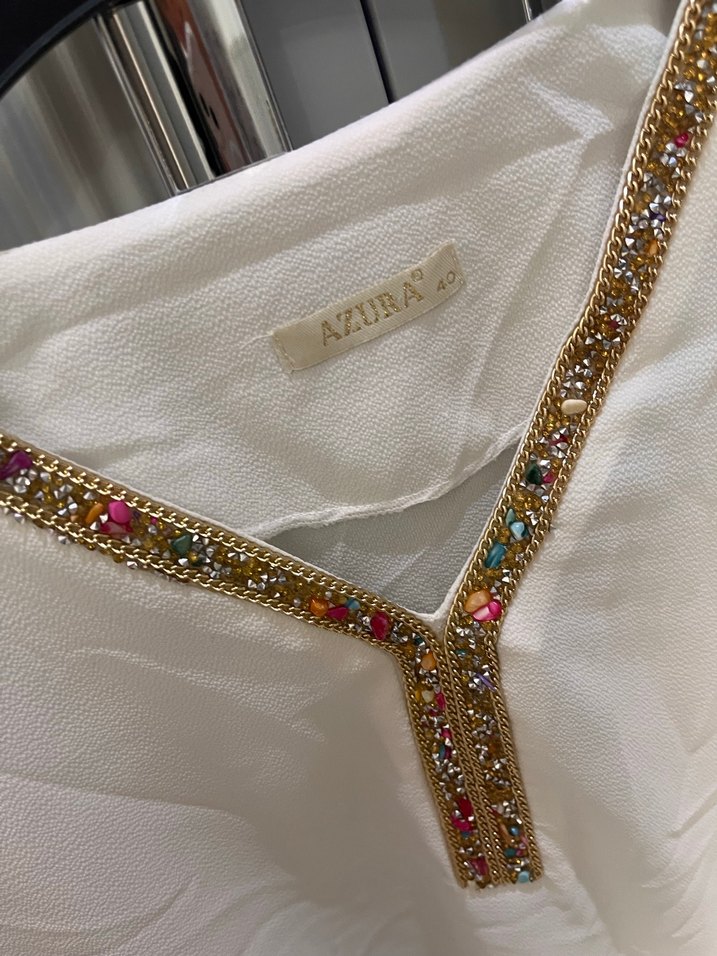 Nakışlı Beyaz Bohem V Yaka Kadın Bluz - Görsel 3