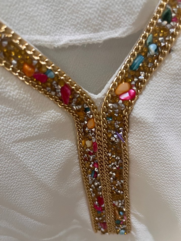 Nakışlı Beyaz Bohem V Yaka Kadın Bluz - Görsel 4