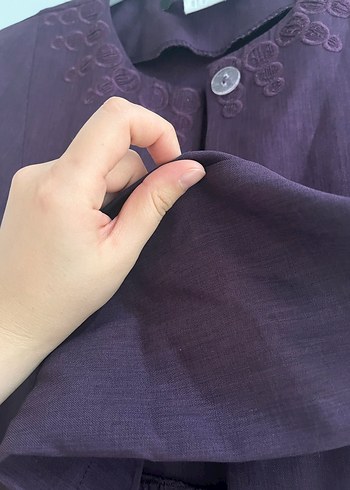 Mor Nakışlı Düğmeli Midi pardesü - Görsel 5