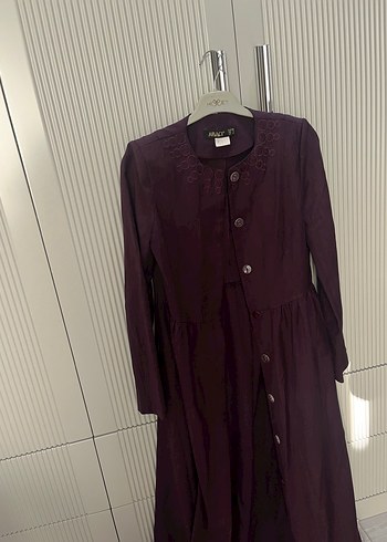 Mor Nakışlı Düğmeli Midi pardesü - Görsel 3
