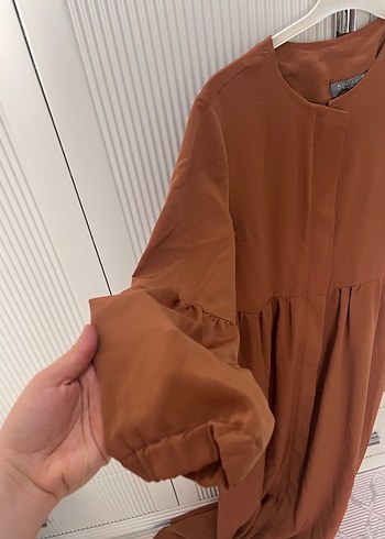 Uzun Kollu Kahverengi Salaş Elbise - Görsel 4