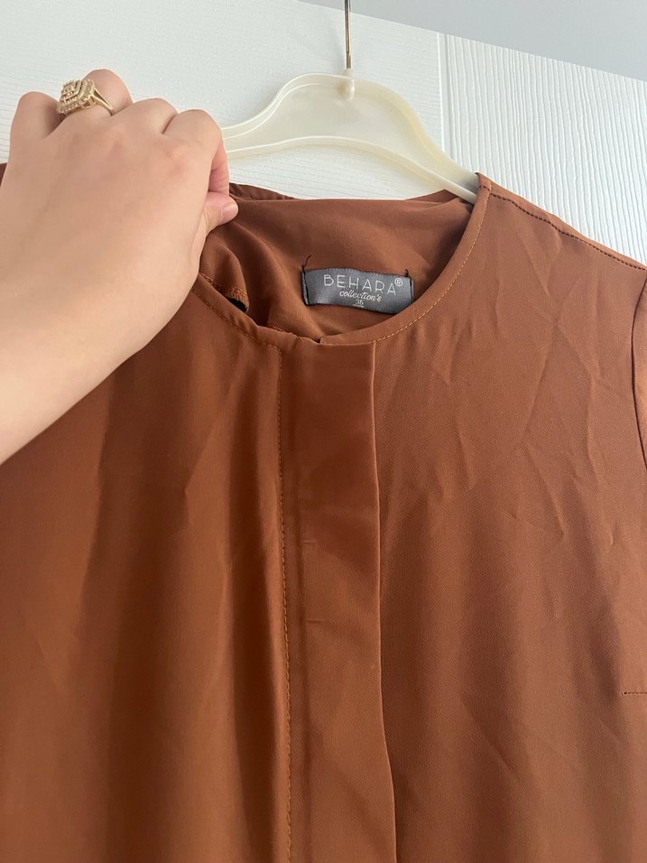 Uzun Kollu Kahverengi Salaş Elbise - Görsel 3