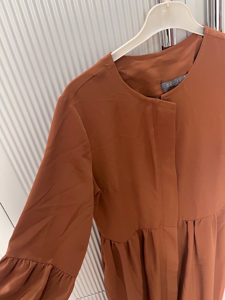 Uzun Kollu Kahverengi Salaş Elbise - Görsel 5