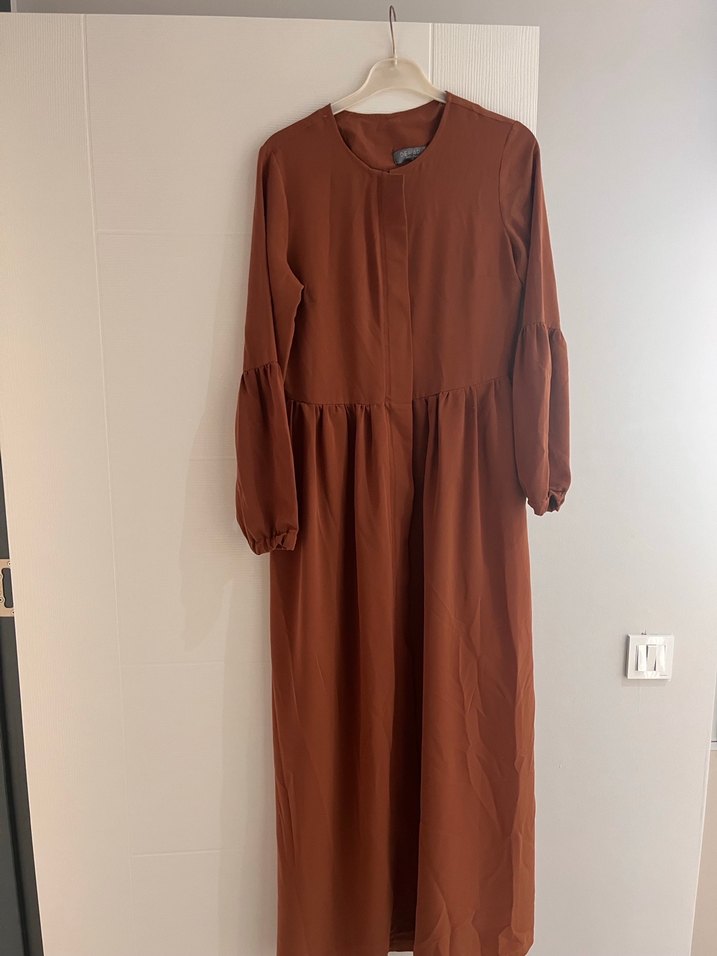 Uzun Kollu Kahverengi Salaş Elbise - Görsel 2