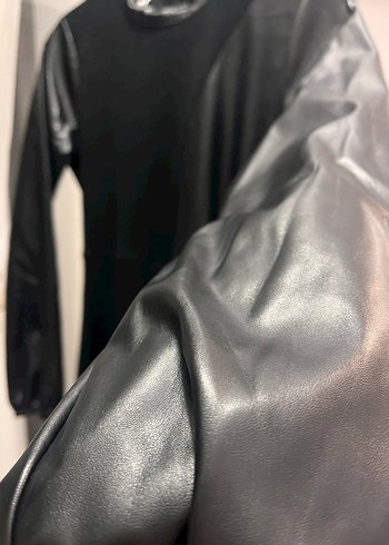 Siyah Deri Detaylı Uzun Kollu Kadın Triko Elbise - Görsel 3