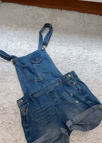 Kadın Mavi Denim Askılı Şort Tulum