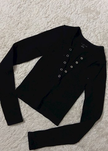 Düğmeli Siyah Uzun Kollu Crop Top - Görsel 2