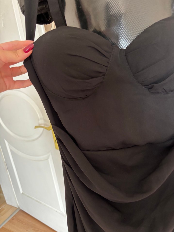 Siyah Drapeli Uzun Straplez Kadın Elbise - Görsel 2