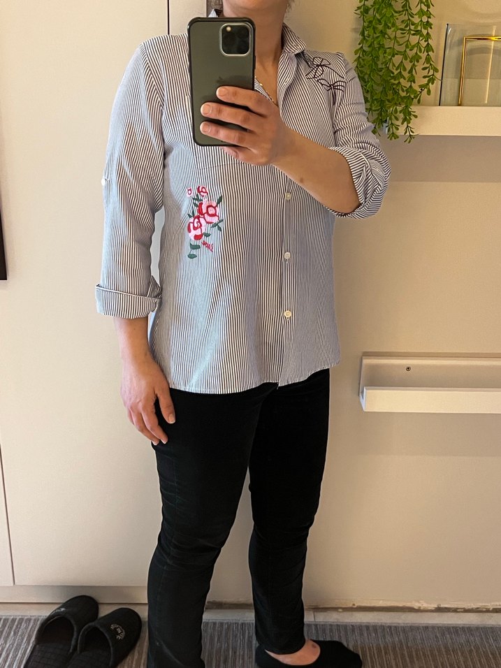 Nakışlı mavi çizgili Uzun Kollu Denim Gömlek - Görsel 2