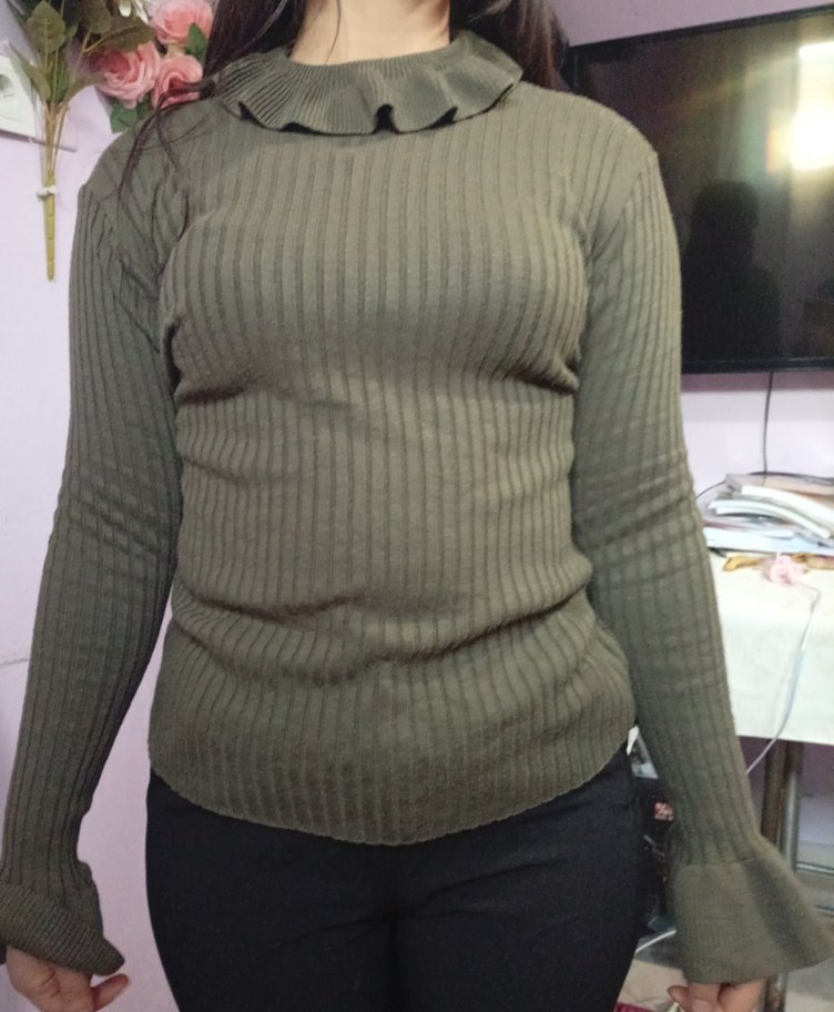 Kadın Haki Boğazlı Triko Kazak - Görsel 3