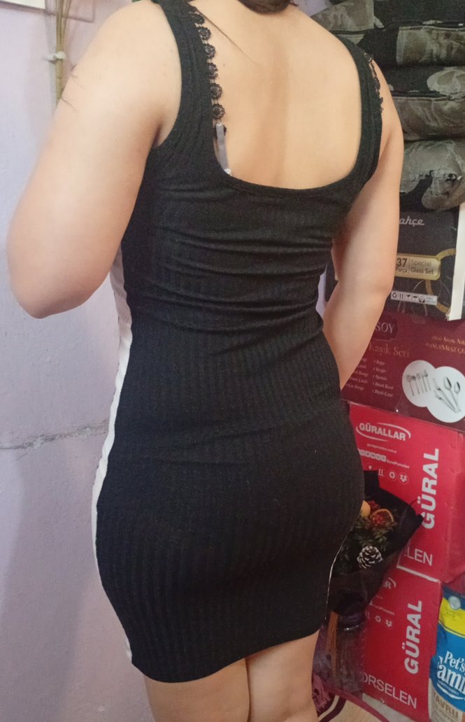 Siyah Fitilli Midi Kalem Elbise - Görsel 2