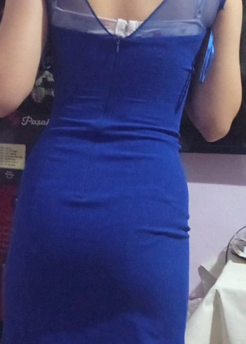 Mavi V Yakalı Drapeli Midi Abiye Elbise - Görsel 2