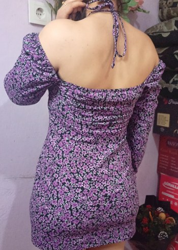 Mor Çiçek Desenli Uzun Kollu Straplez Elbise - Görsel 2