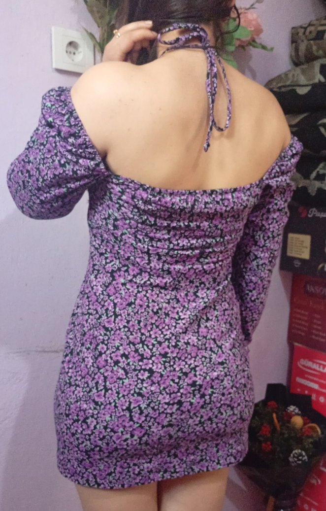 Mor Çiçek Desenli Uzun Kollu Straplez Elbise - Görsel 2