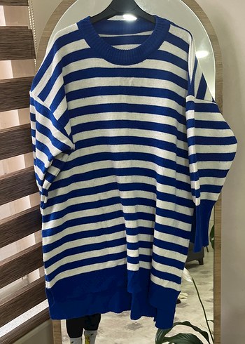 Mavi Çizgili Uzun Örgü Kadın Kazak - Görsel 2