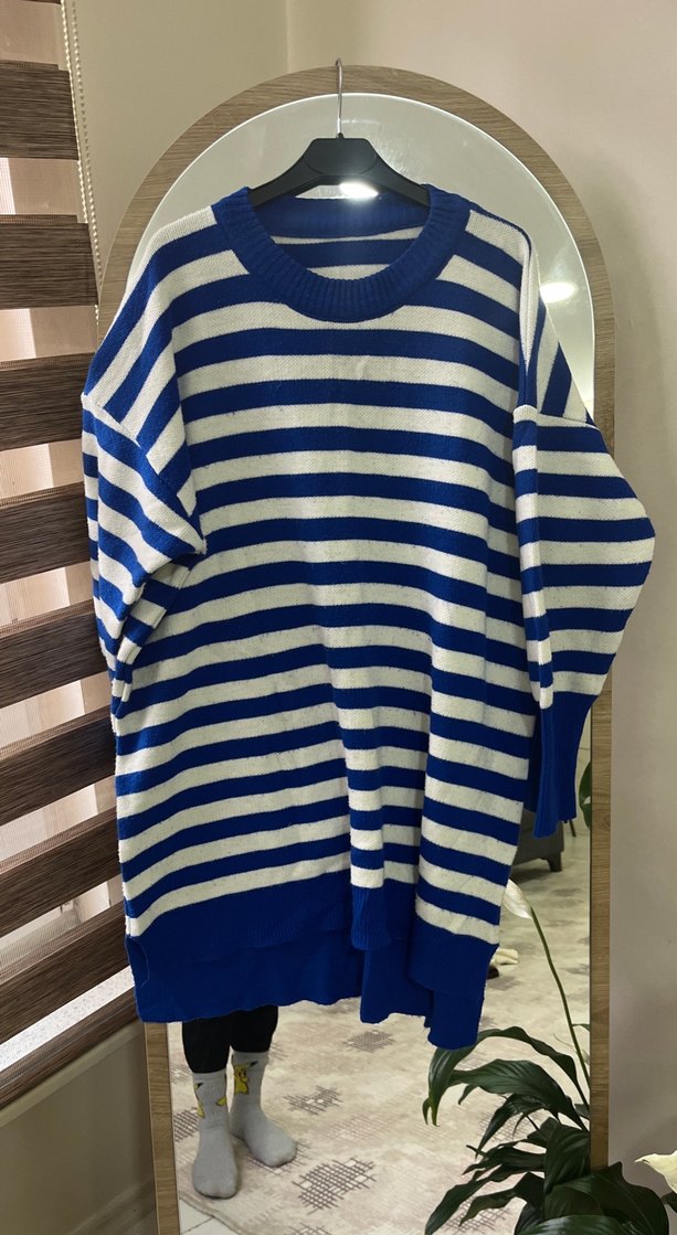 Mavi Çizgili Uzun Örgü Kadın Kazak - Görsel 2