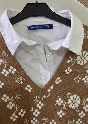 V Yaka Kahverengi Örgü Bohem Uzun Elbise ve gömlek hediyeli - Görsel 3