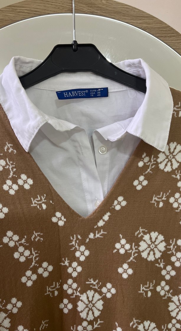 V Yaka Kahverengi Örgü Bohem Uzun Elbise ve gömlek hediyeli - Görsel 3