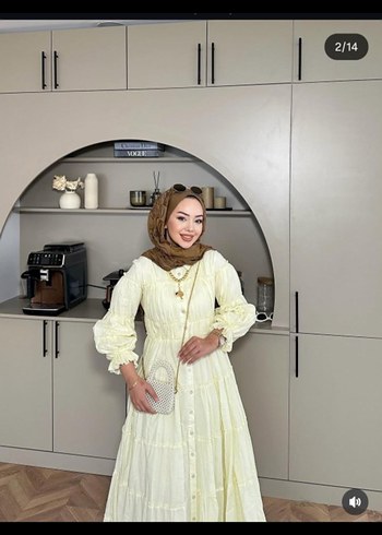 limon sarısı Uzun Kol Bohem Pamuk Elbise - Görsel 2