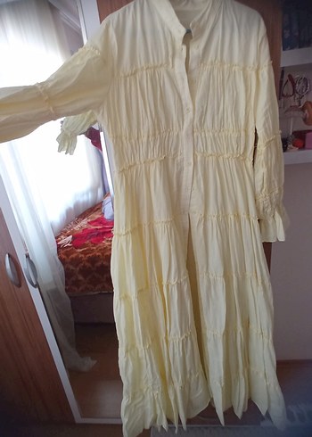 Uzun Kollu Sarı Keten Pilili Bohem Elbise - Görsel 4