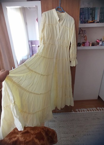 Uzun Kollu Sarı Keten Pilili Bohem Elbise - Görsel 3