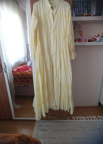 Uzun Kollu Sarı Keten Pilili Bohem Elbise - Görsel 6