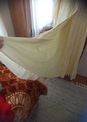 Uzun Kollu Sarı Keten Pilili Bohem Elbise - Görsel 5