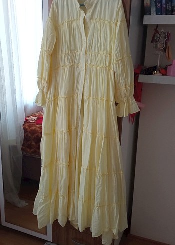 Uzun Kollu Sarı Keten Pilili Bohem Elbise - Görsel 2