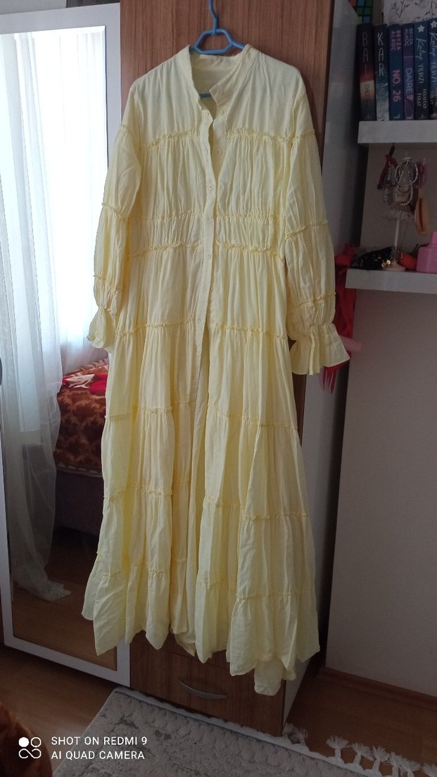 Uzun Kollu Sarı Keten Pilili Bohem Elbise - Görsel 2