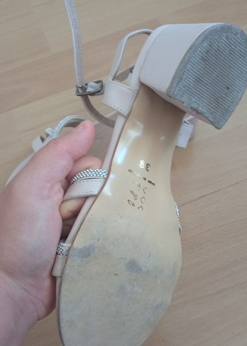 bej gri taşlı Blok Topuklu Kadın Abiye Ayakkabı 3 cm topk - Görsel 4