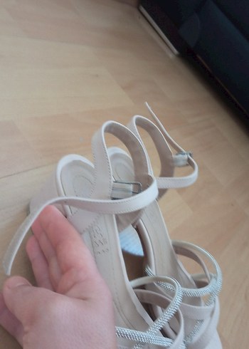 bej gri taşlı Blok Topuklu Kadın Abiye Ayakkabı 3 cm topk - Görsel 5