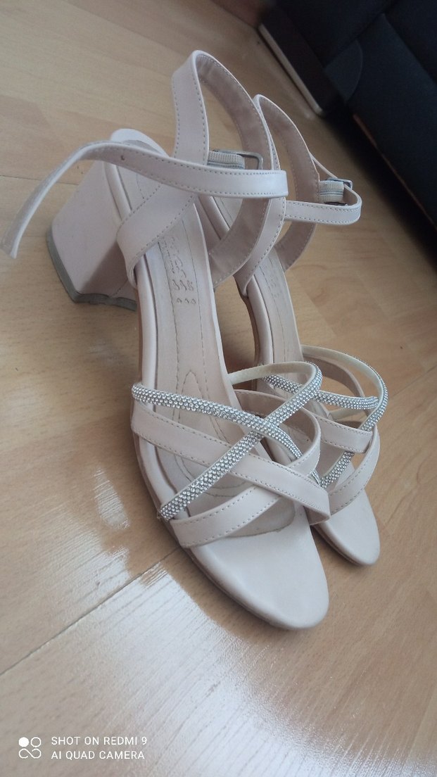 bej gri taşlı Blok Topuklu Kadın Abiye Ayakkabı 3 cm topk - Görsel 2