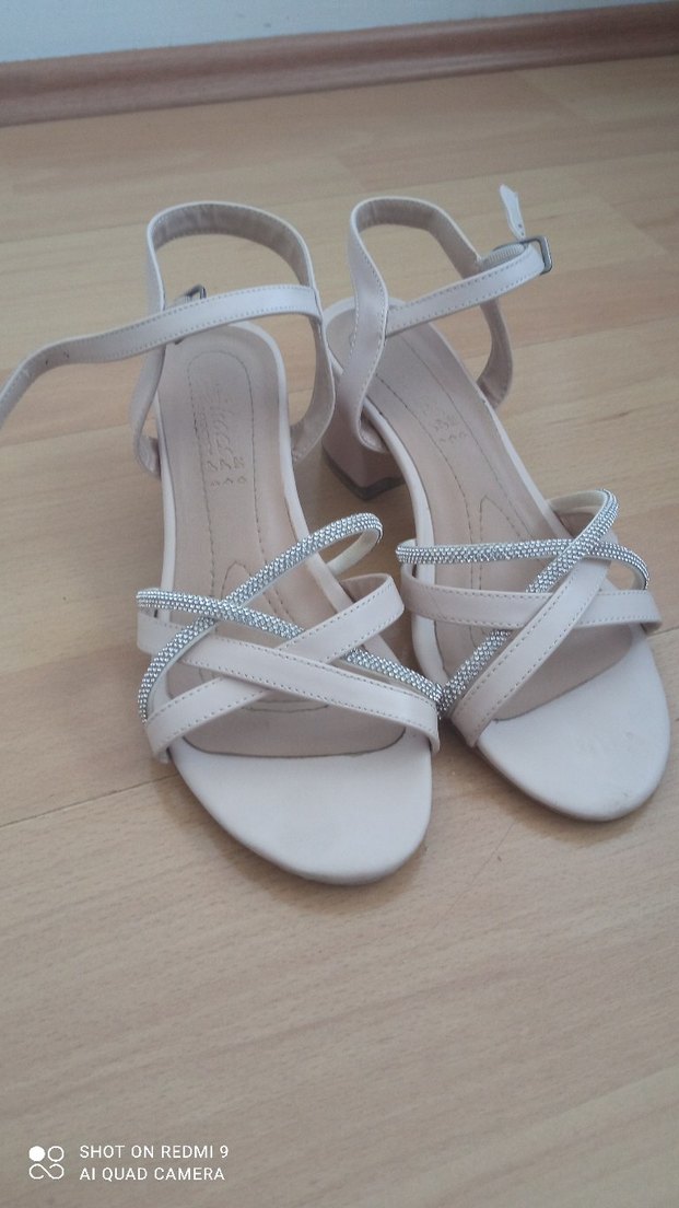 bej gri taşlı Blok Topuklu Kadın Abiye Ayakkabı 3 cm topk - Görsel 3