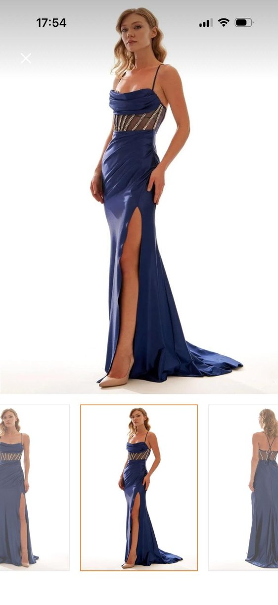 Parlak Lacivert Drapeli Uzun Abiye Elbise - Görsel 2