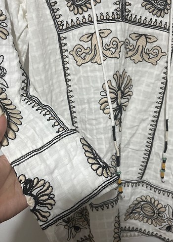 m Beden beyaz Renk Boncuk İşlemeli Etnik Desenli Mini Bohem Elbise