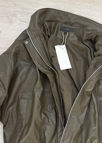 Kadın Haki Deri Bomber Ceket - Görsel 4