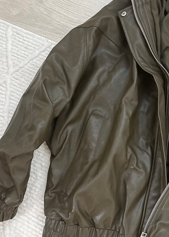 Kadın Haki Deri Bomber Ceket - Görsel 5