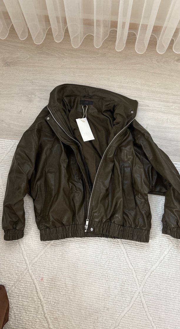 Kadın Haki Deri Bomber Ceket - Görsel 3