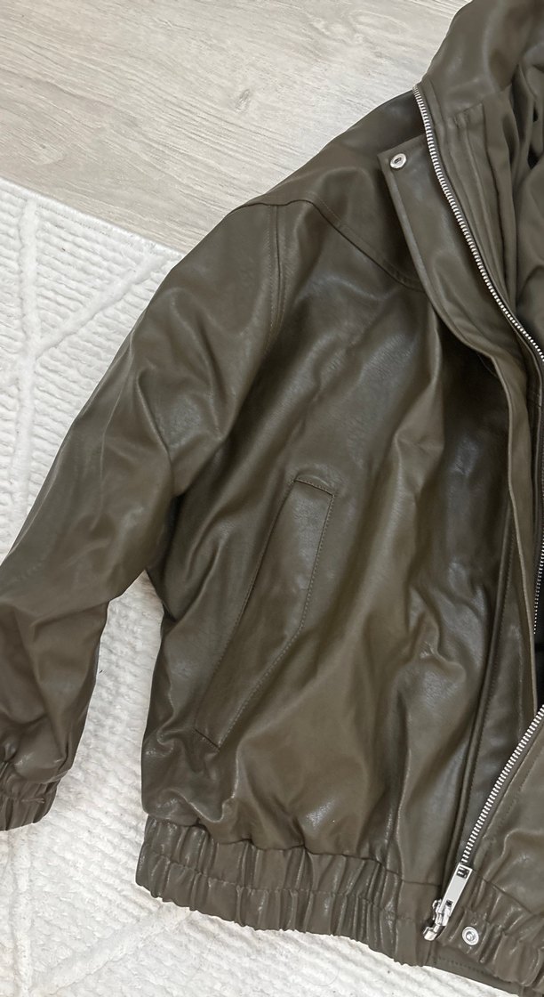 Kadın Haki Deri Bomber Ceket - Görsel 5