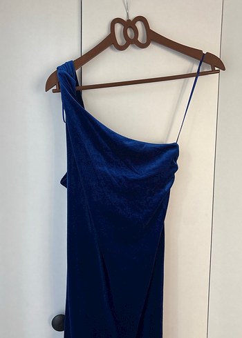 Lacivert Asimetrik Askılı Uzun Elbise kadife - Görsel 4