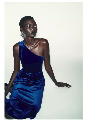 Lacivert Asimetrik Askılı Uzun Elbise kadife - Görsel 7