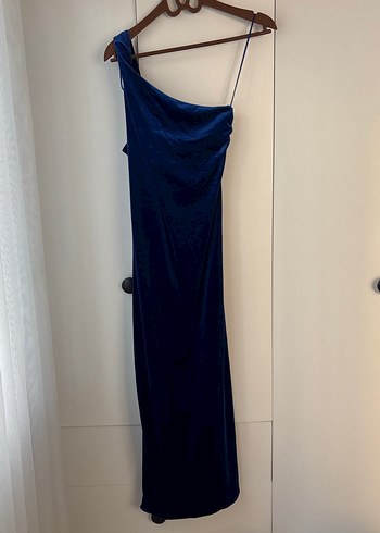 Lacivert Asimetrik Askılı Uzun Elbise kadife - Görsel 2