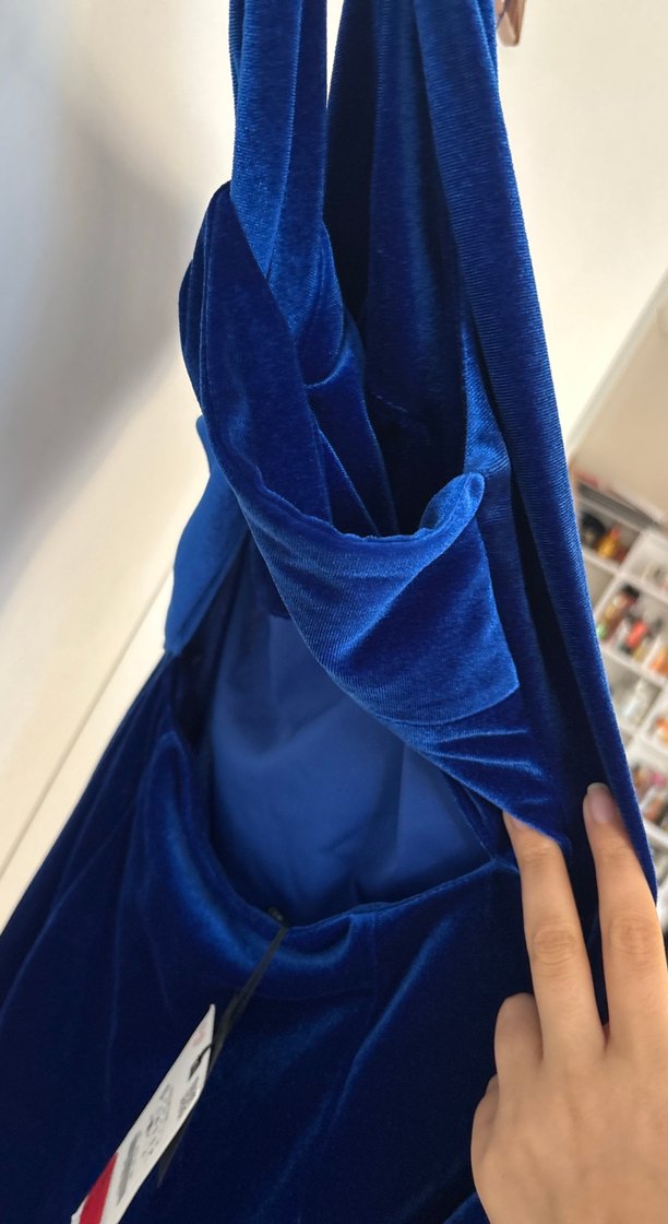 Lacivert Asimetrik Askılı Uzun Elbise kadife - Görsel 5