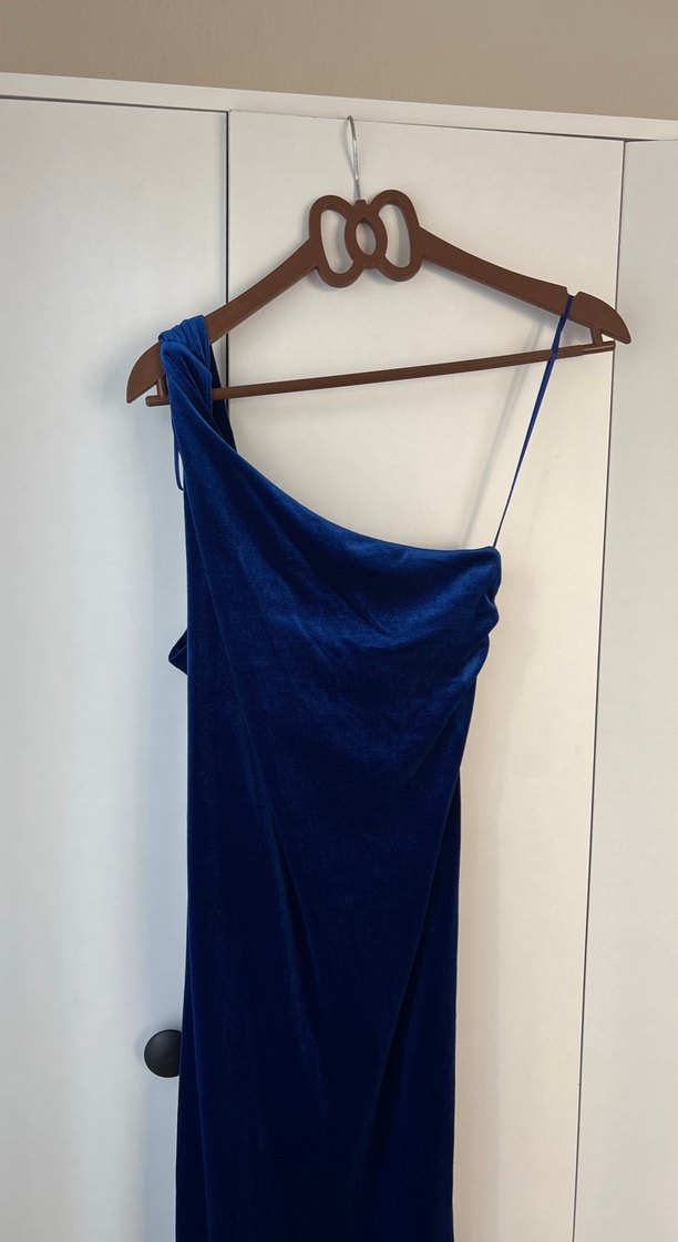 Lacivert Asimetrik Askılı Uzun Elbise kadife - Görsel 4