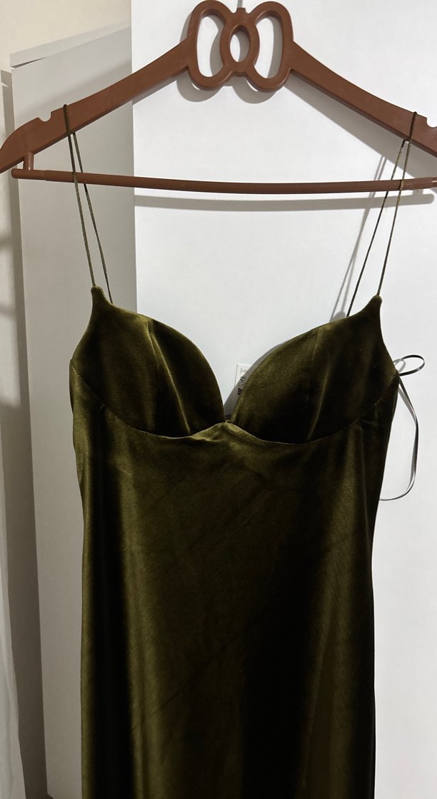 Parlak Haki V Yaka Uzun Kadın Elbise - Görsel 5